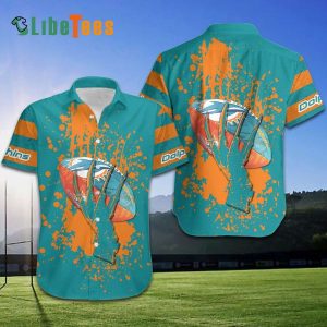 Miami Dolphins Hawaiian Shirt, Skull Hand Logo Ball, Button Down Hawaiian Shirt