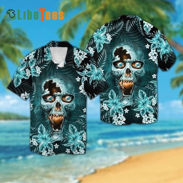 Miami Dolphins Hawaiian Shirt, Skull Tropical, Button Down Hawaiian Shirt