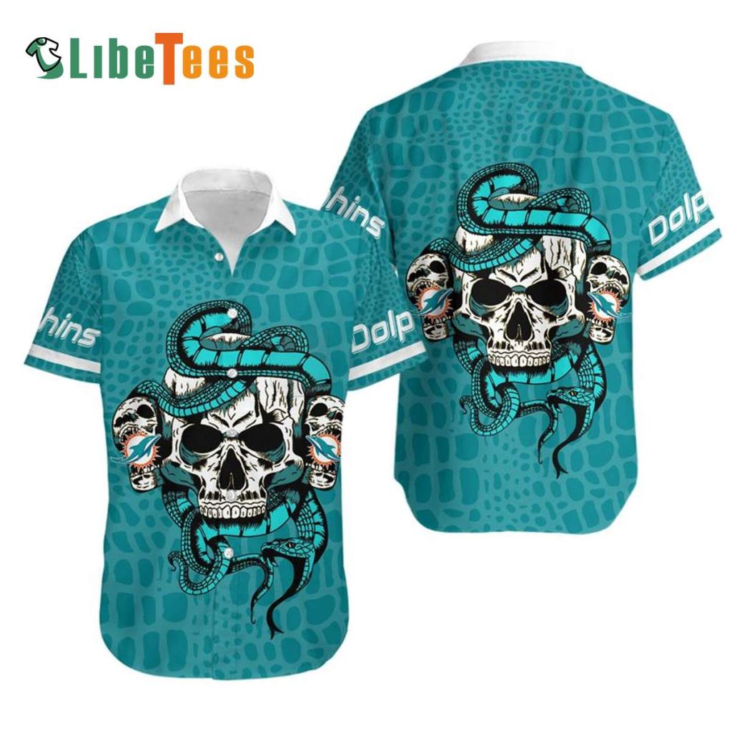 Miami Dolphins Hawaiian Shirt, Snake And Skull, Button Down Hawaiian Shirt