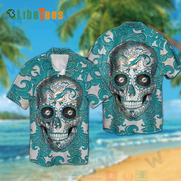 Miami Dolphins Hawaiian Shirt, Sugar Skull, Tropical Hawaiian Shirt