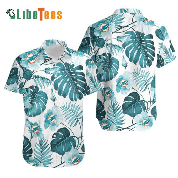 Miami Dolphins Hawaiian Shirt, Tropical Leaves, Button Down Hawaiian Shirt