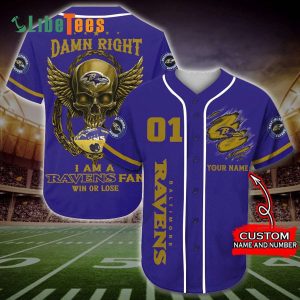 Personalized Baltimore Ravens Baseball Jersey, Golden Skull