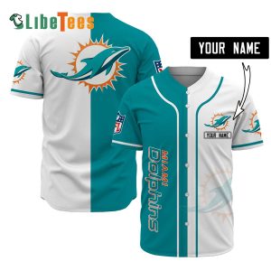 Personalized Miami Dolphins Baseball Jersey, Blue White Logo Graphic