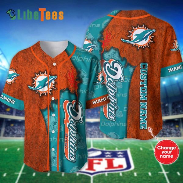 Personalized Miami Dolphins Baseball Jersey, Orange Blue Logo Graphic