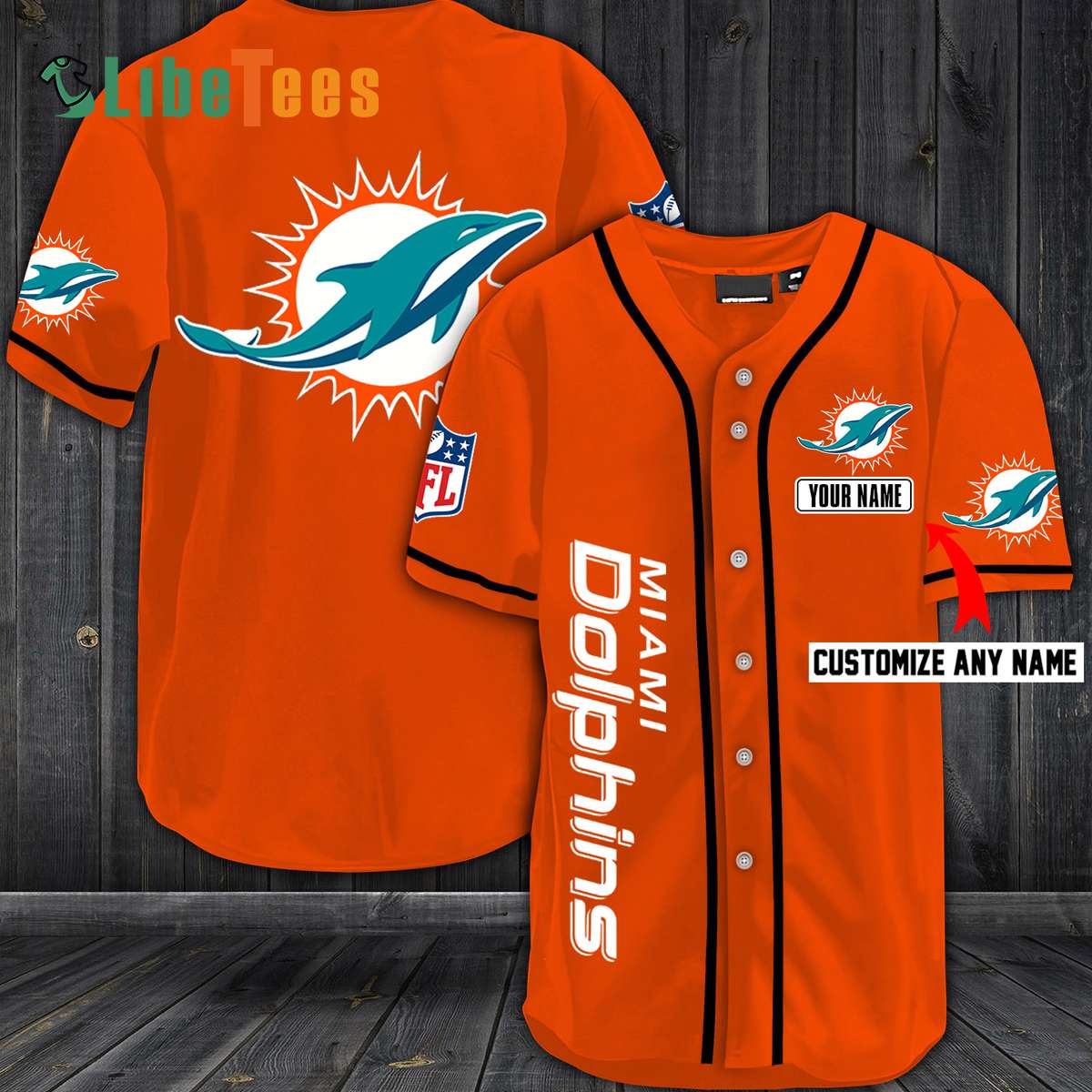 Personalized Miami Dolphins Baseball Jersey, Simple Orange Design