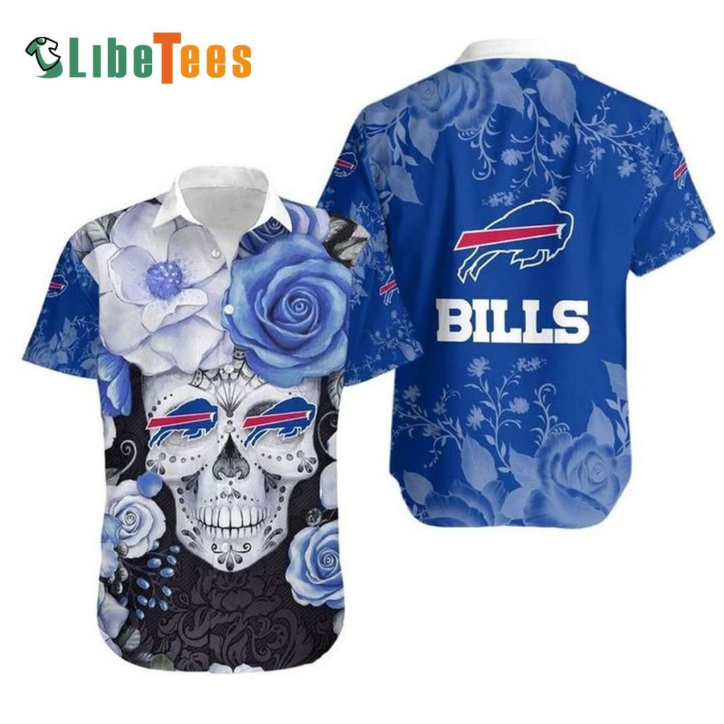 Buffalo Bills Hawaiian Shirt, Flowers Skull, Button Down Hawaiian Shirt