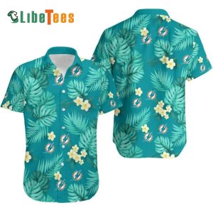 Miami Dolphins Hawaiian Shirt, Blue Flowers Leaves, Cheap Hawaiian Shirt