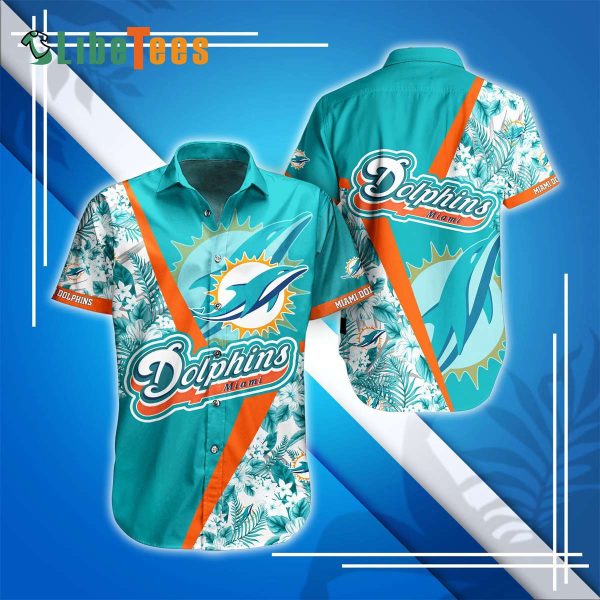 Miami Dolphins Hawaiian Shirt, Tropical Flowers And Logo, Hawaiian Print Shirt