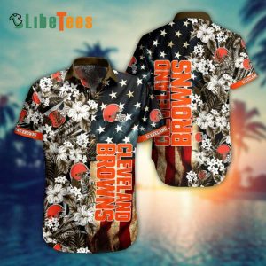 Cleveland Browns Hawaiian Shirt, America Flag And Flower, Hawaiian Print Shirt