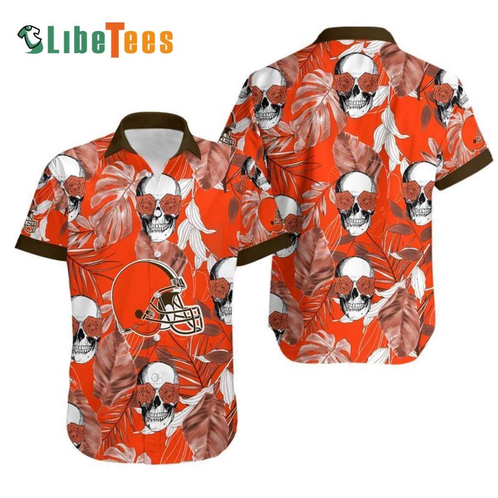 Cleveland Browns Hawaiian Shirt, Coconut Leaves And Skulls, Tropical Print Shirt