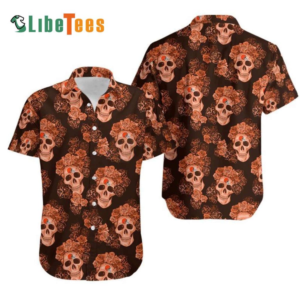 Cleveland Browns Hawaiian Shirt, Mystery Skull And Flower, Tropical Print Shirt
