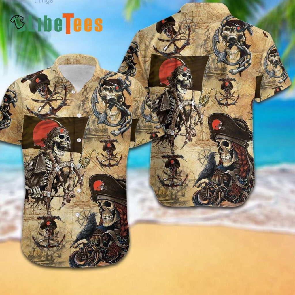 Cleveland Browns Hawaiian Shirt, Skull Pirates, Tropical Hawaiian Shirt