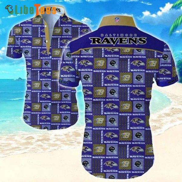 Baltimore Ravens Hawaiian Shirt, Helmet And Logo Caro Pattern, Unisex Hawaiian Shirts