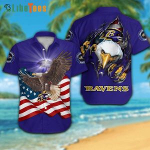 Baltimore Ravens Hawaiian Shirt, Mascot American Flag, Unisex Hawaiian Shirts