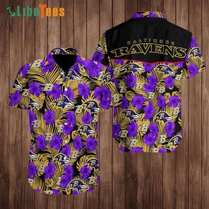 Baltimore Ravens Hawaiian Shirt, Purple Hibiscus And Leaves Pattern, Unisex Hawaiian Shirts