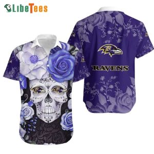Baltimore Ravens Hawaiian Shirt, Skull Flower Tropical, Nice Hawaiian Shirts