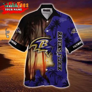 Custom Name Baltimore Ravens Hawaiian Shirt, Palm Trees, Classy Hawaiian Shirts