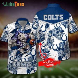 Custom Name Indianapolis Colts Hawaiian Shirt, Mascot And Flower Pattern, Cheap Hawaiian Shirts