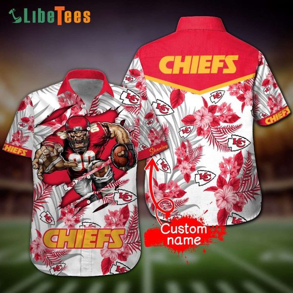 Custom Name Kansas City Chiefs Hawaiian Shirt, Player And Flowers, Tropical Print Shirts