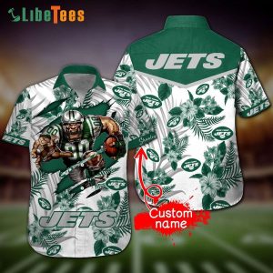 Custom Name New York Jets Hawaiian Shirt, Mascot And Flowers Pattern, Hawaiian Style Shirts