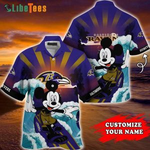 Custome Name Baltimore Ravens Hawaiian Shirt, Mickey Mouse Surfing, Cute Hawaiian Shirts
