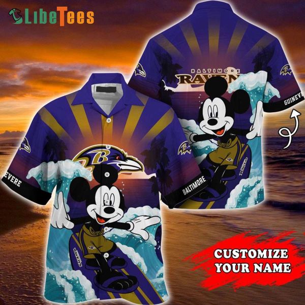 Custome Name Baltimore Ravens Hawaiian Shirt, Mickey Mouse Surfing, Cute Hawaiian Shirts