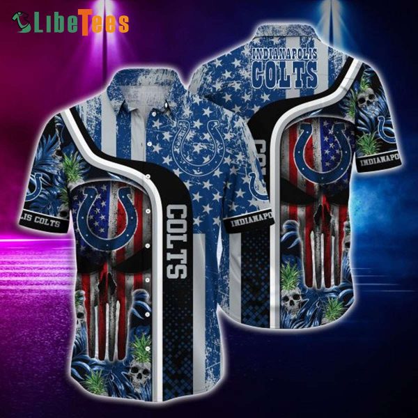 Indianapolis Colts Hawaiian Shirt, Skull Pineapple And American Flag Graphic, Hawaiian Shirt Outfit