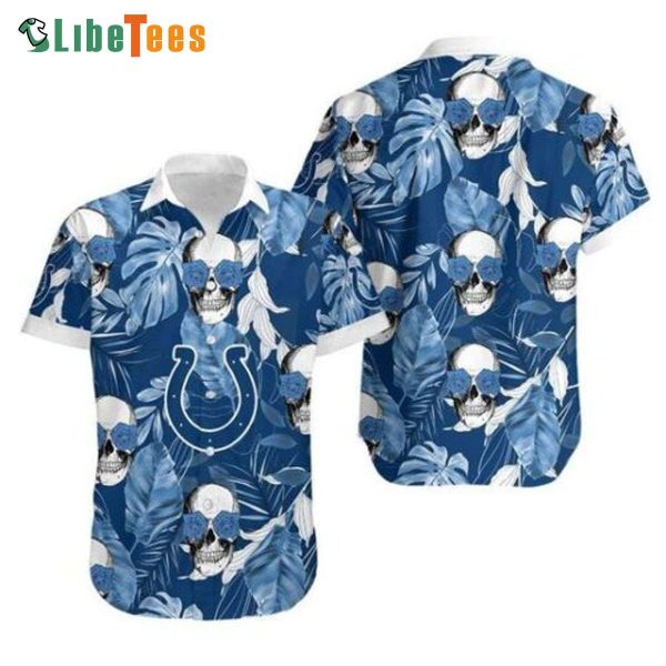 Indianapolis Colts Hawaiian Shirt, Skull Rosie And Leaves, Tropical Print Shirts