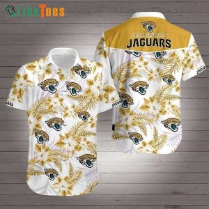 Jacksonville Jaguars Hawaiian Shirt, Flowers And Leaves, Button Down Hawaiian Shirt