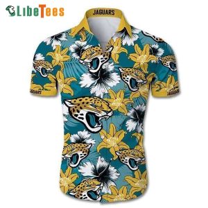 Jacksonville Jaguars Hawaiian Shirt, Hibiscus Flowers And Logo, Button Down Hawaiian Shirt