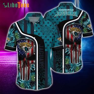 Jacksonville Jaguars Hawaiian Shirt, Pineapple Skull American Flag Graphic,Tropical Button Down Shirt