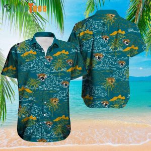 Jacksonville Jaguars Hawaiian Shirt, Waves And Coconut Tree Graphic, Classy Hawaiian Shirts