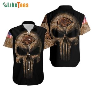 Kansas City Chiefs Hawaiian Shirt, Camouflage Skull And American Flag, Cool Hawaiian Shirts