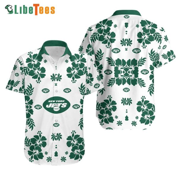 New York Jets Hawaiian Shirt, Hibiscus Pattern, Tropical Hawaiian Shirt