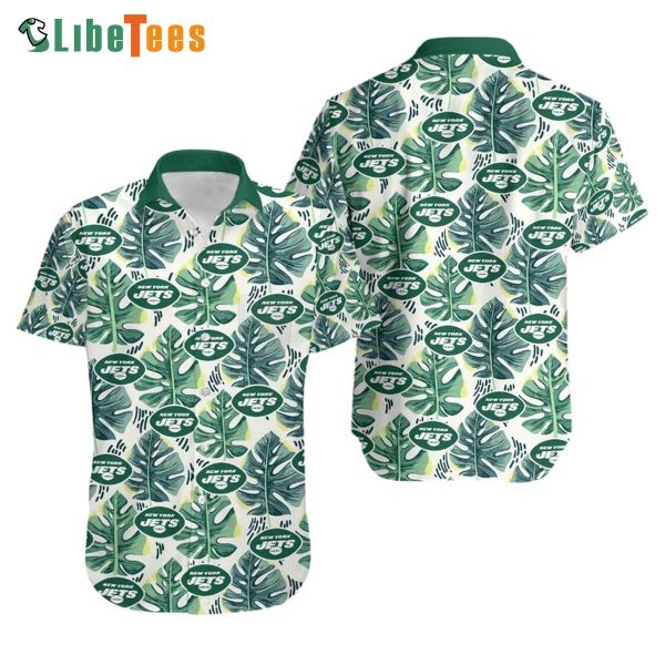 New York Jets Hawaiian Shirt, Leaf and Logo Pattern, Nice Hawaiian Shirts