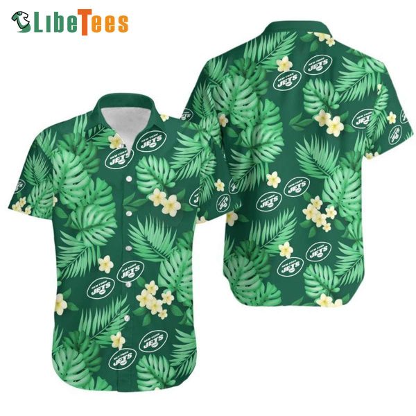 New York Jets Hawaiian Shirt, Leaves And Flowers, Tropical Hawaiian Shirt