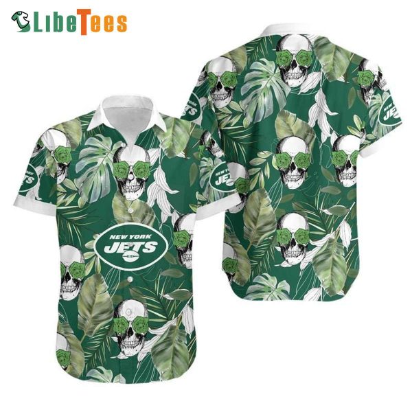 New York Jets Hawaiian Shirt, Leaves And Skulls, Unique Hawaiian Shirts