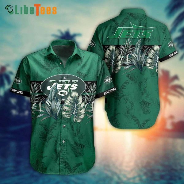 New York Jets Hawaiian Shirt, Leaves Tropical Pattern Graphic, Tropical Hawaiian Shirt