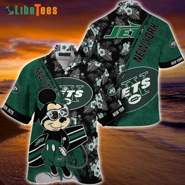 New York Jets Hawaiian Shirt, Mickey And Floral Pattern, Hawaiian Shirt Outfit