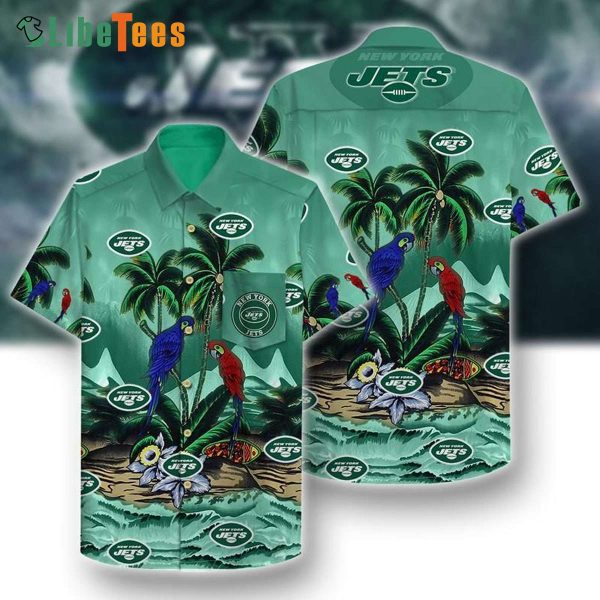 New York Jets Hawaiian Shirt, Parrot Pattern, Tropical Hawaiian Shirt