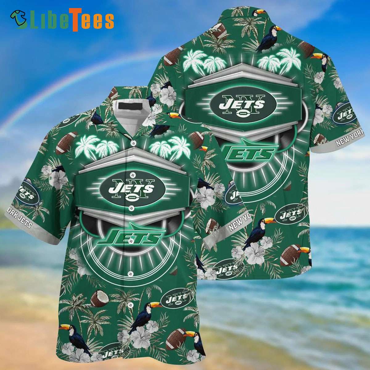 New York Jets Hawaiian Shirt, Ramphastos Sulfuratus And Coconut, Cheap Hawaiian Shirts