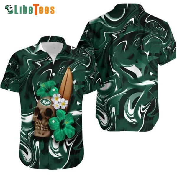 New York Jets Hawaiian Shirt, Skull And Hibiscus Flower, Hawaiian Print Shirts