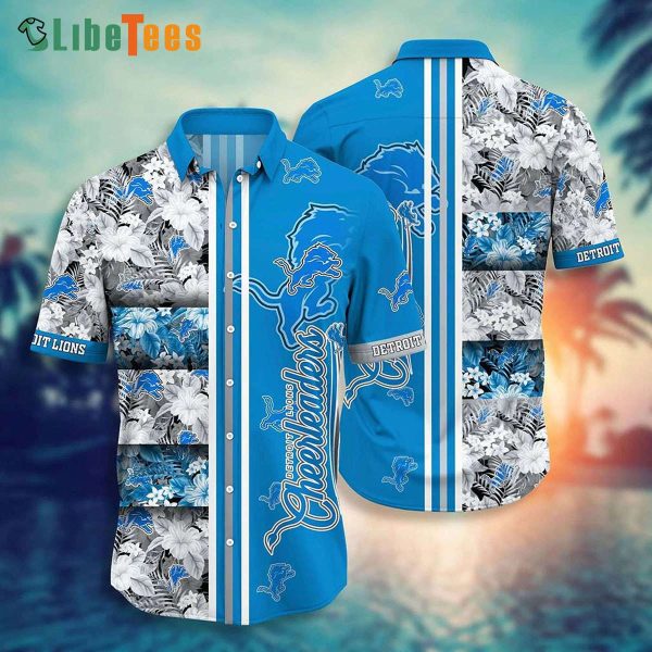 Detroit Lions Hawaiian Shirt, Aloha Tropical Pattern And Stripes, Hawaiian Print Shirts