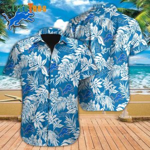 Detroit Lions Hawaiian Shirt, Blue And White Leaves Pattern, Summer Hawaiian Shirts
