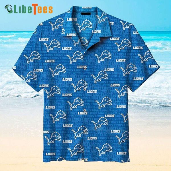 Detroit Lions Hawaiian Shirt, Blue Logo And Name Pattern, Tropical Print Shirts