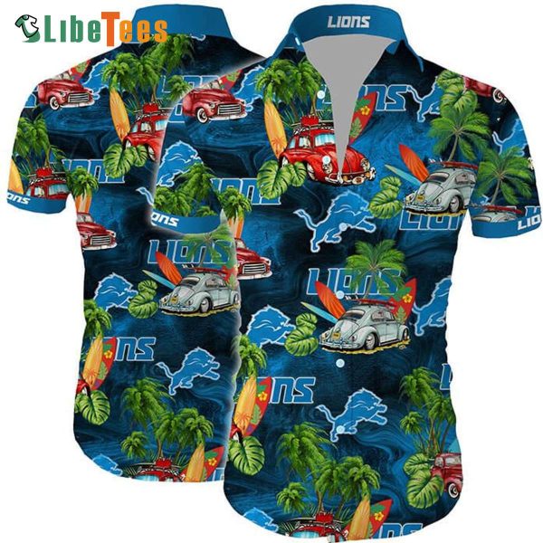 Detroit Lions Hawaiian Shirt, Classic Car And Tropical Island, Hawaiian Shirt Outfit