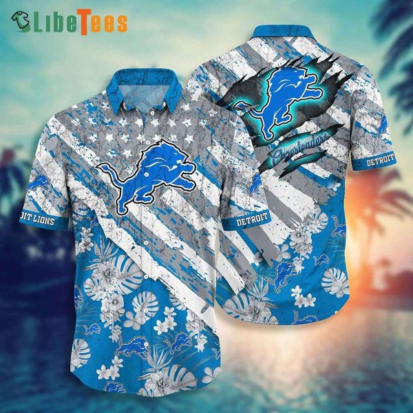 Detroit Lions Hawaiian Shirt, Floral Print American Flag, Hawaiian Print Shirts