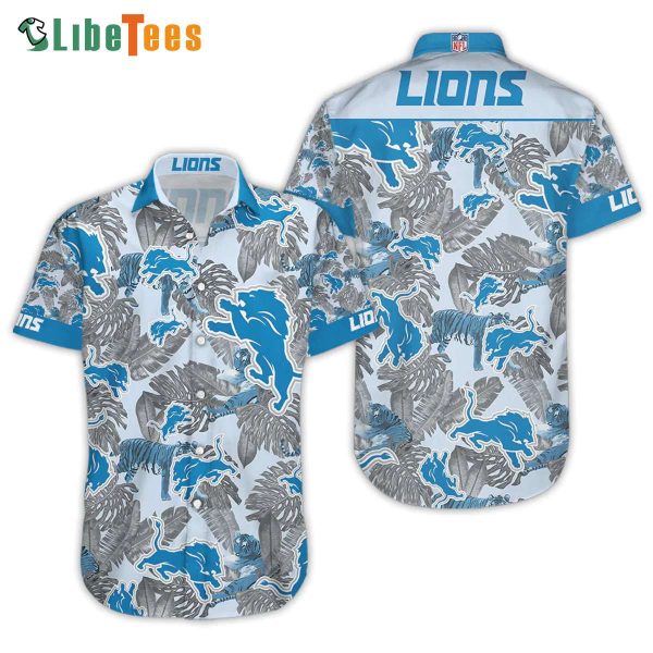 Detroit Lions Hawaiian Shirt, Leaves And Logo Pattern, Cool Hawaiian Shirts
