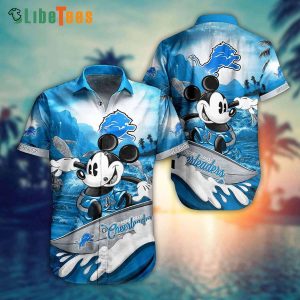 Detroit Lions Hawaiian Shirt, Mickey Surfing, Hawaiian Print Shirts