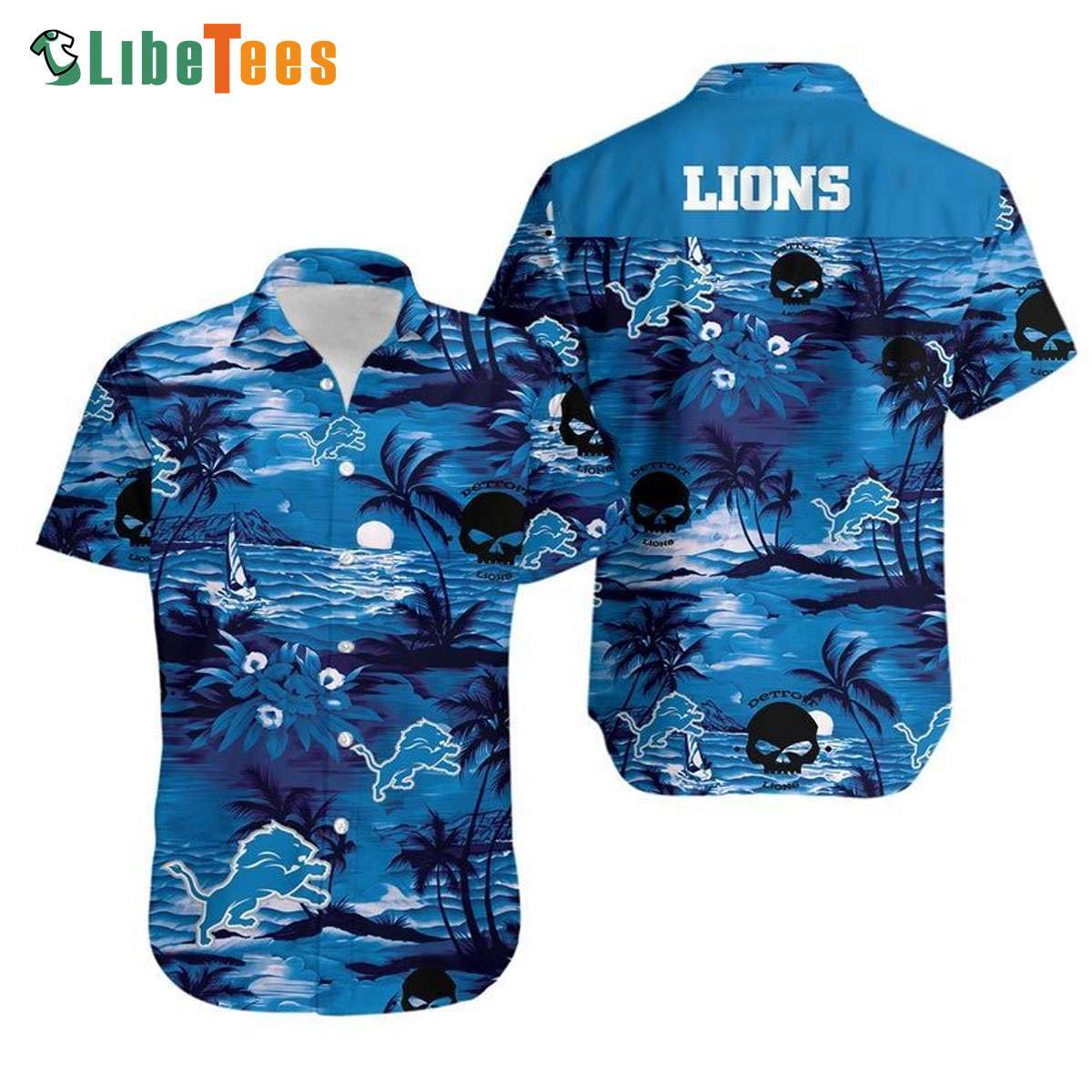Detroit Lions Hawaiian Shirt, Night Skull Tropical Island, Hawaiian Shirt Outfit